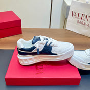 VALENTINO 25S GARAVANI ONE STUD XL PLATFORM SNEAKERS IN WHITE MIX DARK NAVY BLUE LAMBSKIN