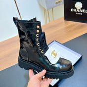 CHANEL 25S HIGH ANKLE BOOTS WITH ZIPPER IN BLACK GLOSSY CALFSKIN GOLD HARDWARE