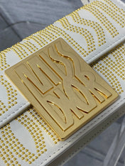 MINI 18 FLAP BAG IN WHITE LAMBSKIN WITH GOLD RHINSTONES