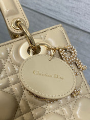 DIOR 25S LADY DIOR BAG 20 IN SAND BEIGE CALFSKIN CHARM PEARL EMBELLISHMENTS