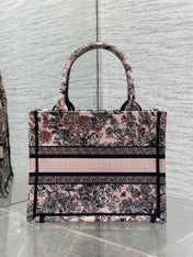 DIOR 25S LUCKY SMALL DIOR BOOK TOTE 26 IN PINK MULTICOLOR DIOR FLOWERS CALENDAR ALLOVER EMBROIDERY
