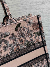 DIOR 25S LUCKY LARGE DIOR BOOK TOTE 42 IN PINK MULTICOLOR DIOR FLOWERS CALENDAR ALLOVER EMBROIDERY