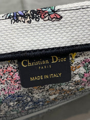DIOR 25S LUCKY MEDIUM DIOR BOOK TOTE 36 IN WHITE MULTICOLOR DIOR STAR EMBROIDERY