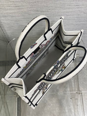 DIOR 25S LUCKY MEDIUM DIOR BOOK TOTE 36 IN WHITE MULTICOLOR DIOR STAR EMBROIDERY