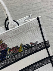 DIOR 25S LUCKY MEDIUM DIOR BOOK TOTE 36 IN WHITE MULTICOLOR DIOR STAR EMBROIDERY