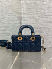 DIOR 25S SMALL LADY D‑JOY BAG 19 IN DARK BLUE CANNAGE CALFSKIN GOLD HARDWARE