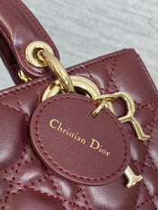 DIOR 25S SMALL LADY D‑JOY BAG 19 IN BURGUNDY CANNAGE CALFSKIN GOLD HARDWRE