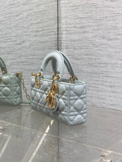 DIOR 25S SMALL LADY D‑JOY BAG 22 IN SHIRT BLUE CALFSKIN GOLD HARDWARE