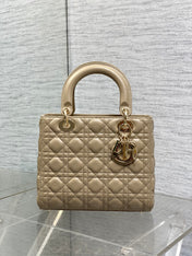 DIOR 25S MEDIUM LADY BAG 24 IN POWDER BEIGE CALFSKIN GOLD HARDWARE