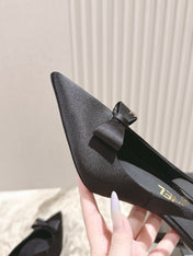 CC HIGH SLINGBACK IN BLACK SATIN WITH BOW ATTACHED