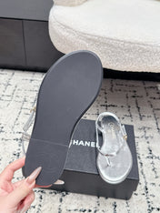CHANEL 26S THONG SANDALS IN SILVER CALFSKIN WITH GOLD HARDWARE