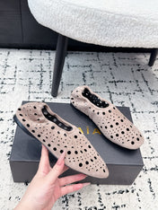 ALAIA 26S FLAT SLIP-ONS IN NUDE PINK SUEDE WITH OPENWORK PATTERN