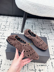 ALAIA 26S FLAT SLIP-ONS IN DARK BROWN SUEDE WITH OPENWORK PATTERN