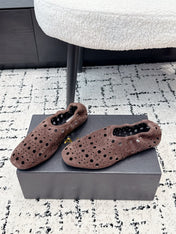 ALAIA 26S FLAT SLIP-ONS IN DARK BROWN SUEDE WITH OPENWORK PATTERN