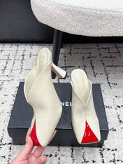 CHANEL 26S SQUARE-TOE HEELED MULES 95 MM IN CREAM WHITE MIX RED PATENT LAMBSKIN