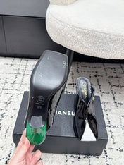 CHANEL 26S SQUARE-TOE HEELED MULES 95 MM IN BLACK MIX WHITE PATENT LAMBSKIN