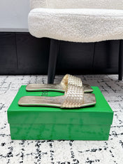 BOTTEGA VENETA 26S SQUARE-TOE WOVEN-STRAP SANDALS IN GOLD LAMBSKIN