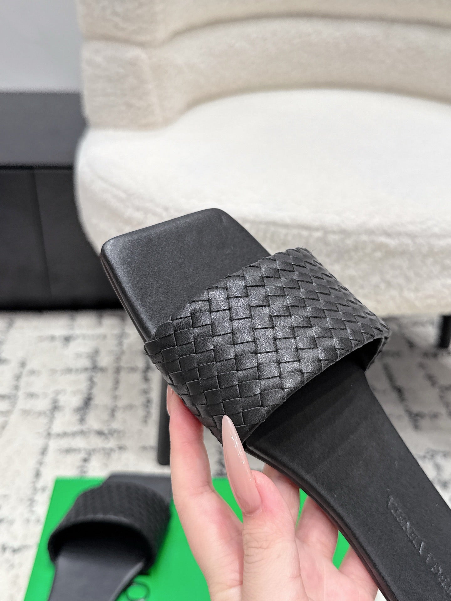 BOTTEGA VENETA 26S SQUARE-TOE WOVEN-STRAP SANDALS IN BLACK LAMBSKIN