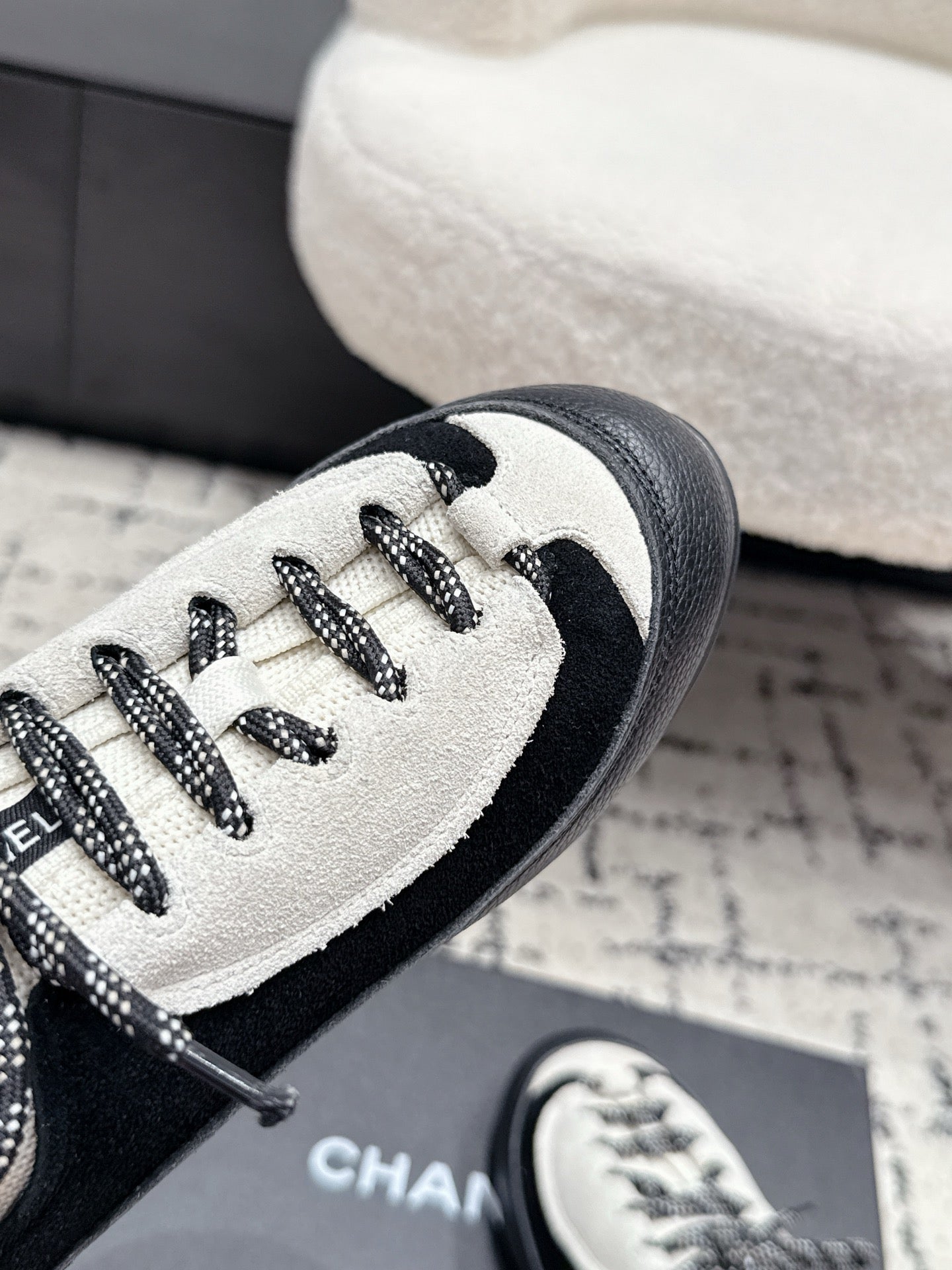 CHANEL 26S LACE-UP SNEAKERS IN WHITE MIX BLACK SUEDE AND LAMBSKIN