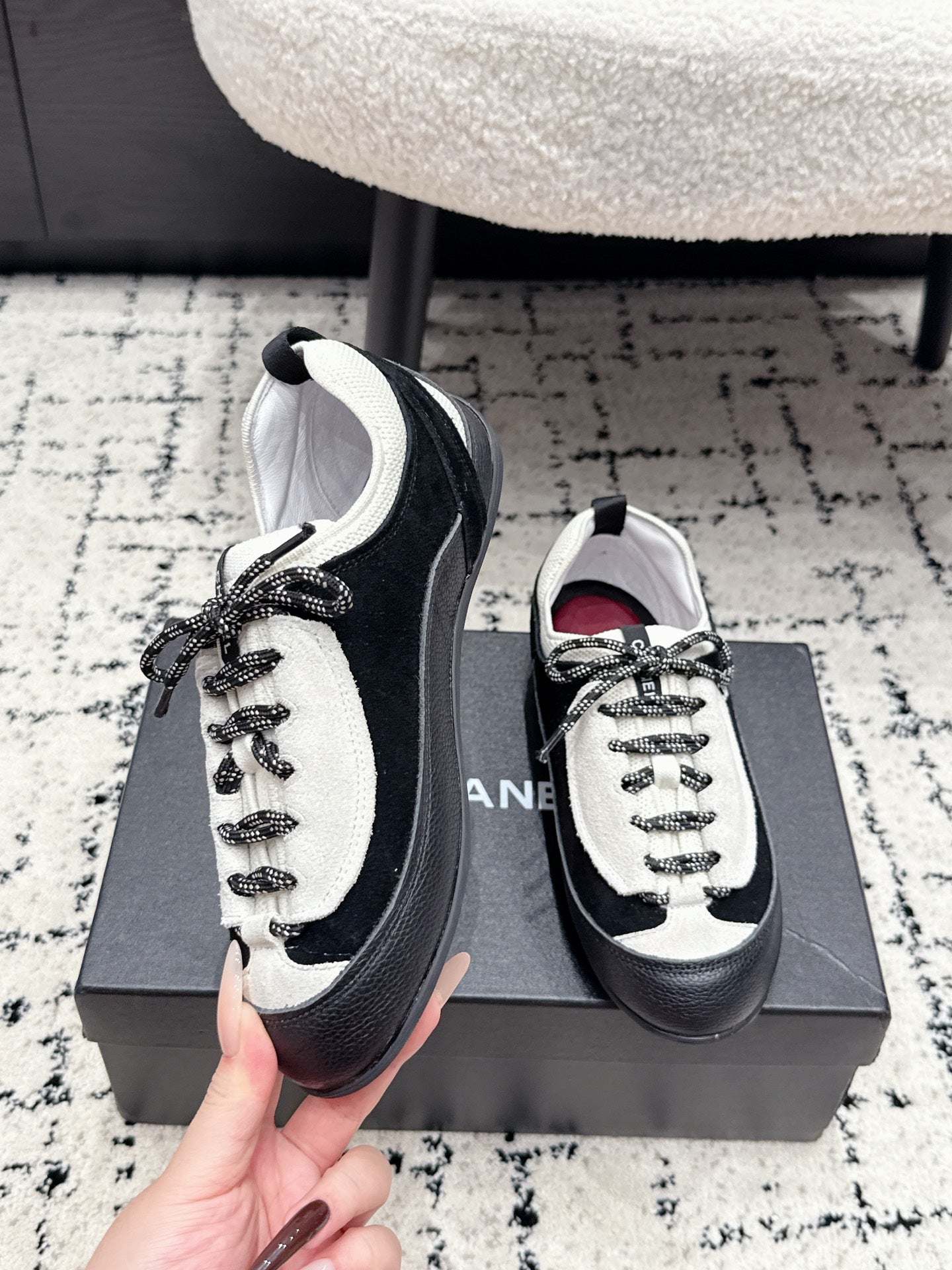 CHANEL 26S LACE-UP SNEAKERS IN WHITE MIX BLACK SUEDE AND LAMBSKIN