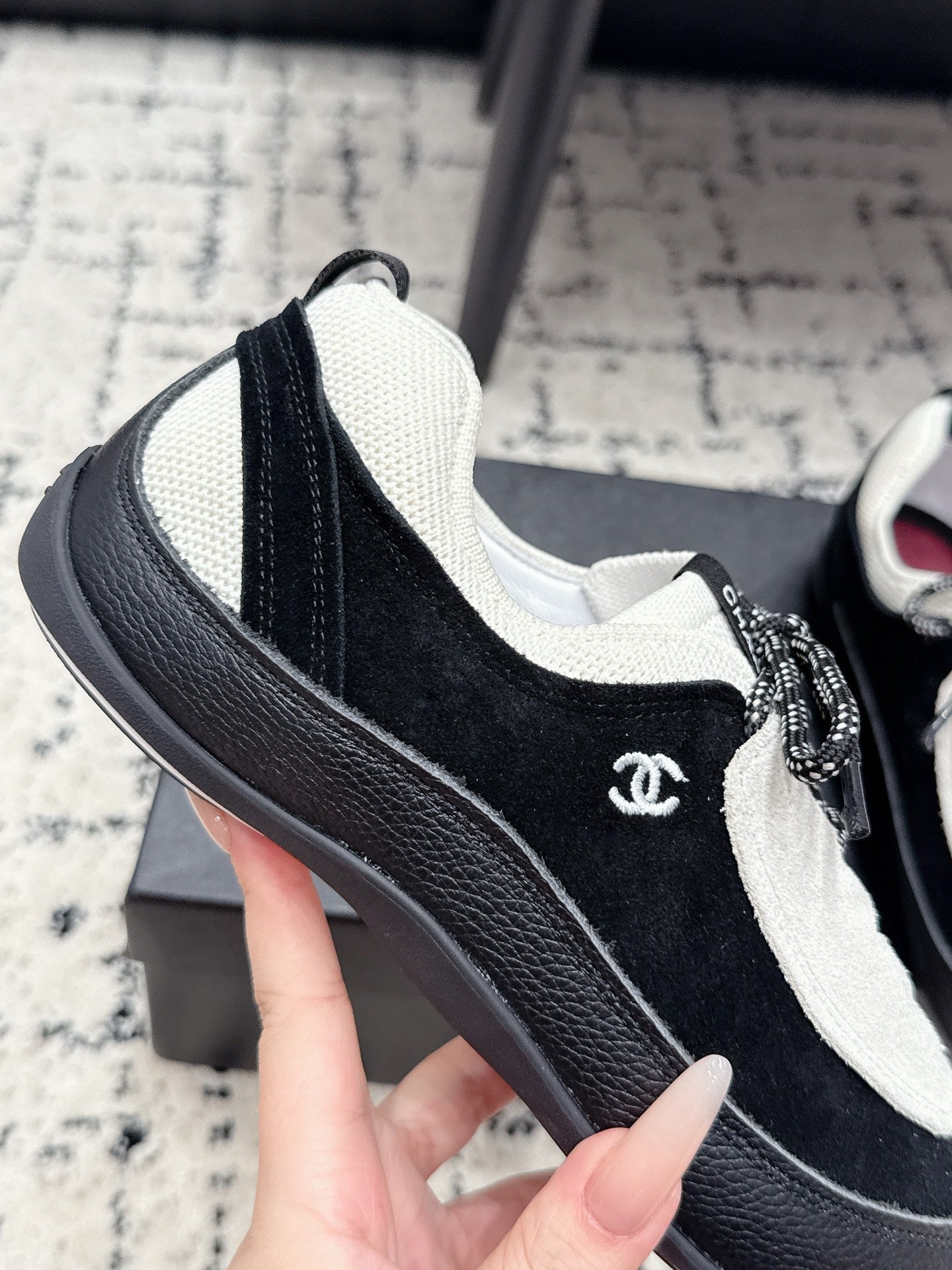 CHANEL 26S LACE-UP SNEAKERS IN WHITE MIX BLACK SUEDE AND LAMBSKIN