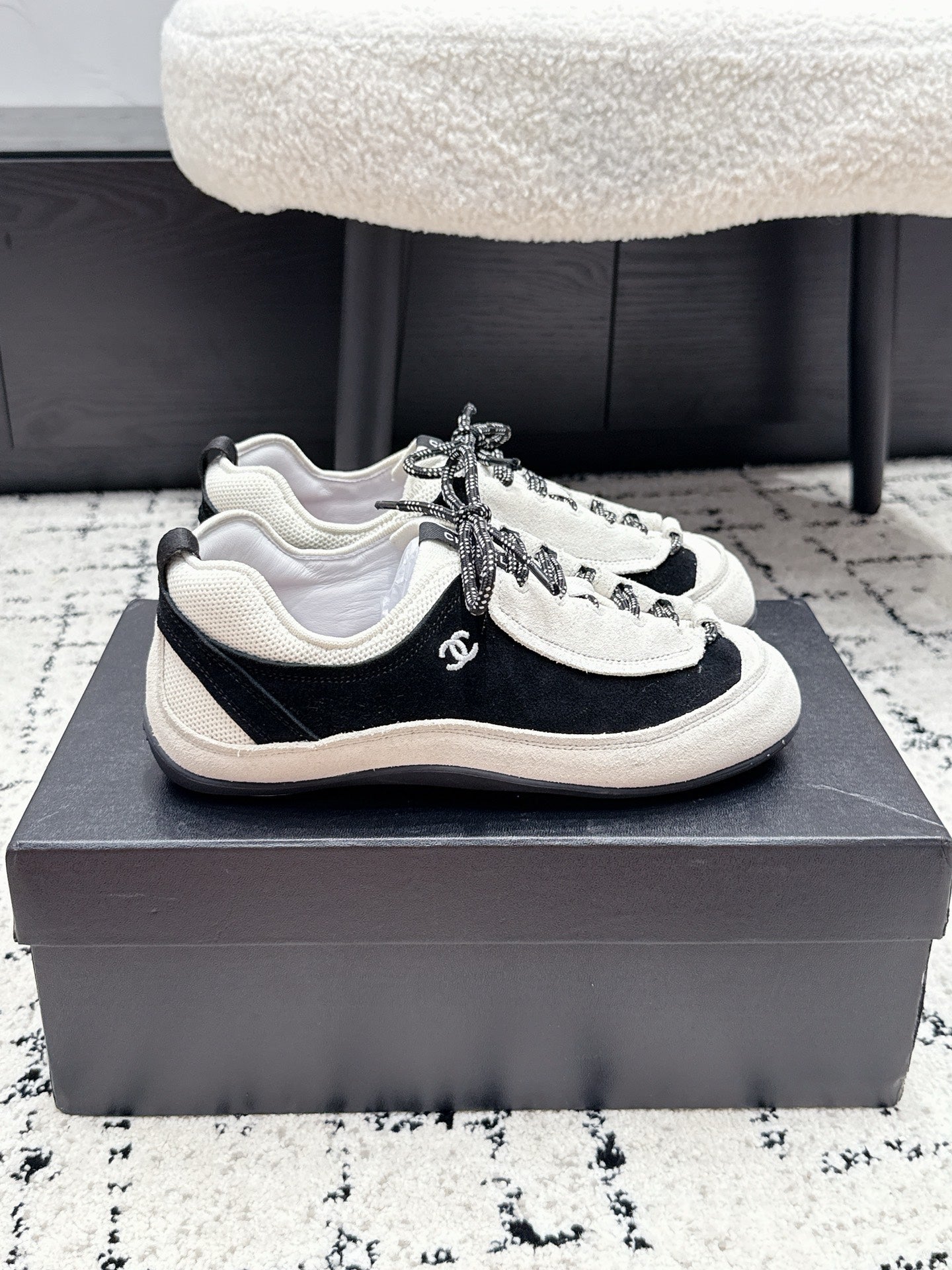 CHANEL 26S LACE-UP SNEAKERS IN WHITE AND BLACK SUEDE STYLE 2