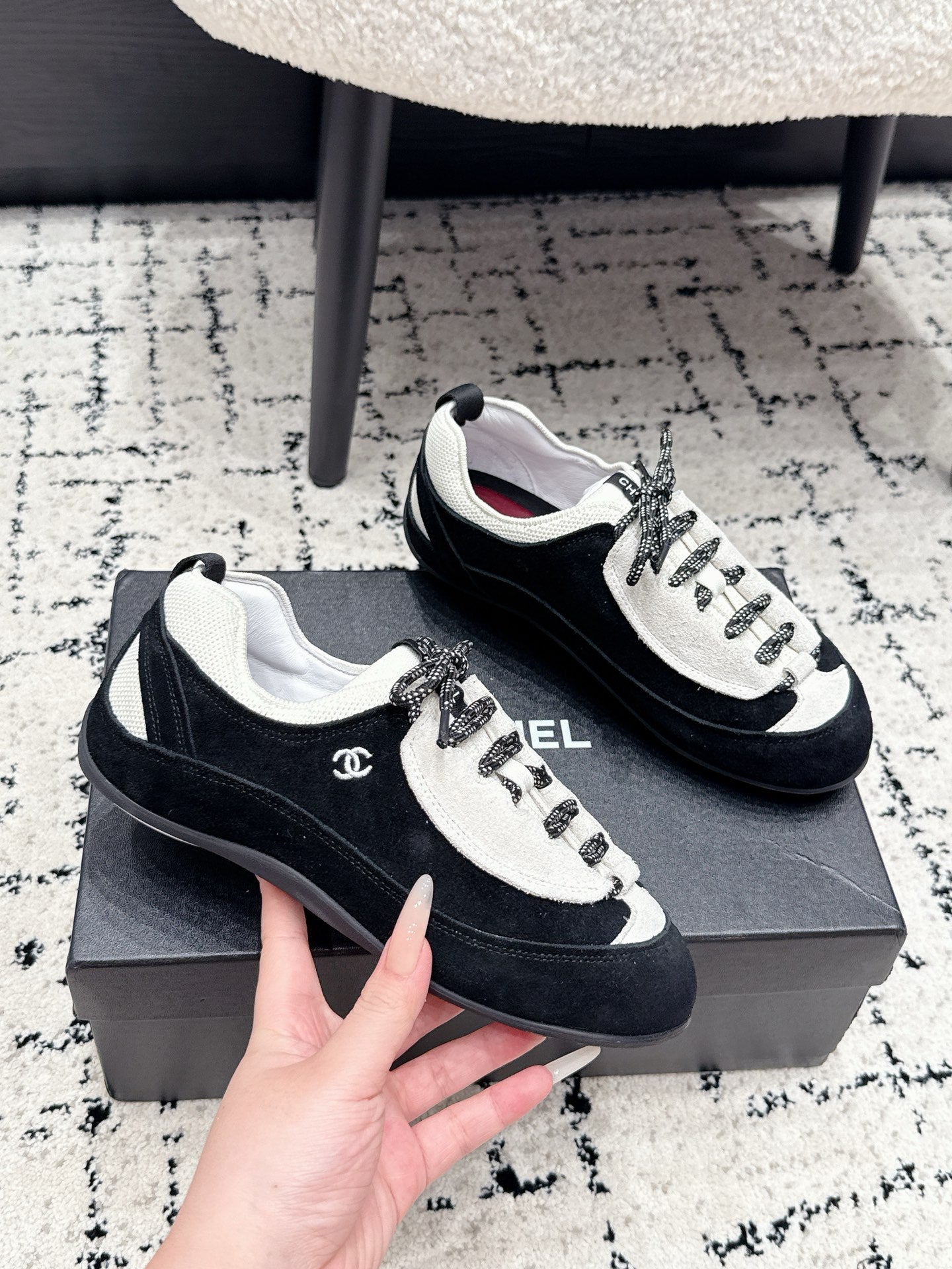 CHANEL 26S LACE-UP SNEAKERS IN WHITE AND BLACK SUEDE