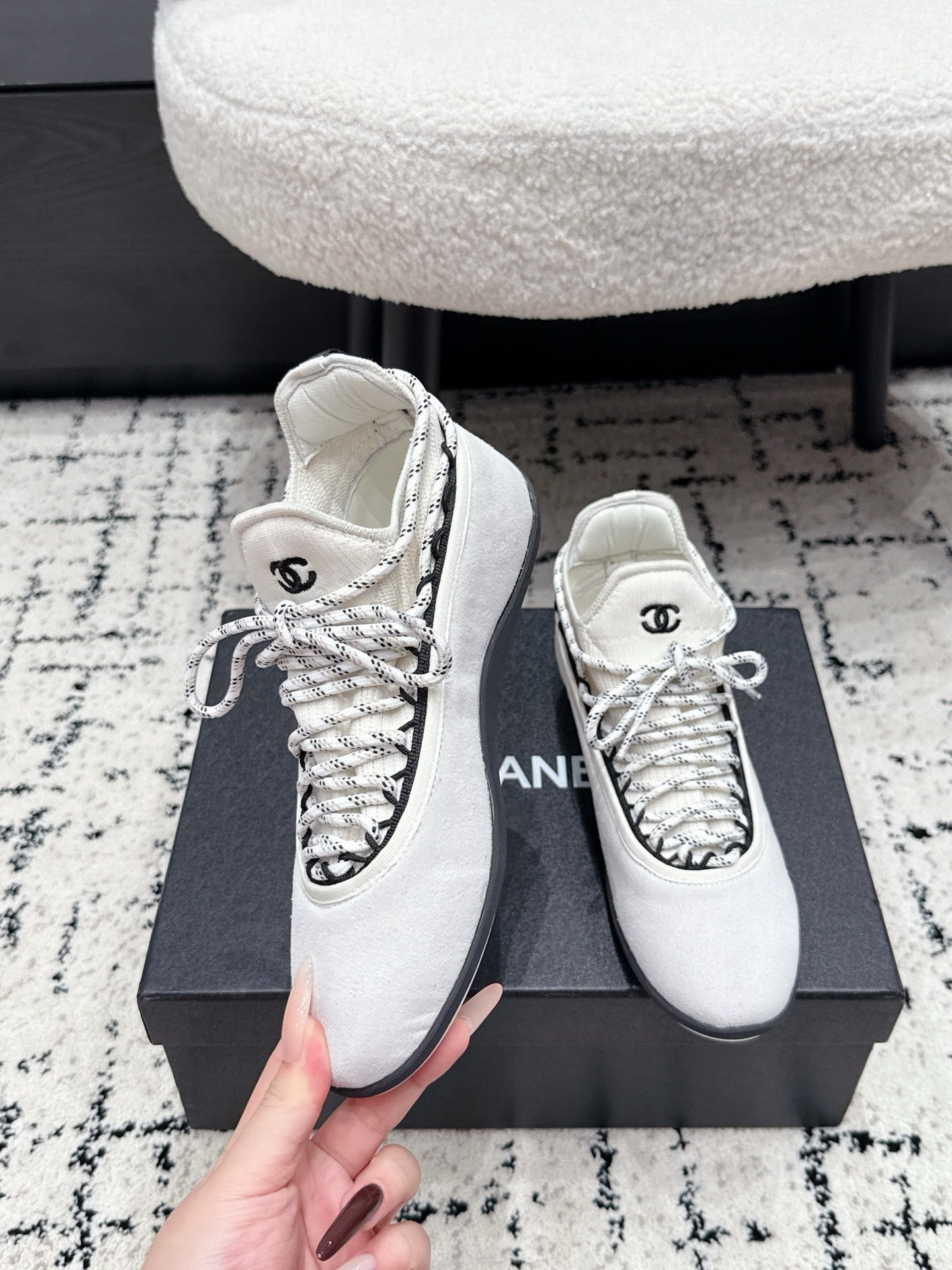 CHANEL 26S LACE-UP SNEAKERS IN WHITE SUEDE