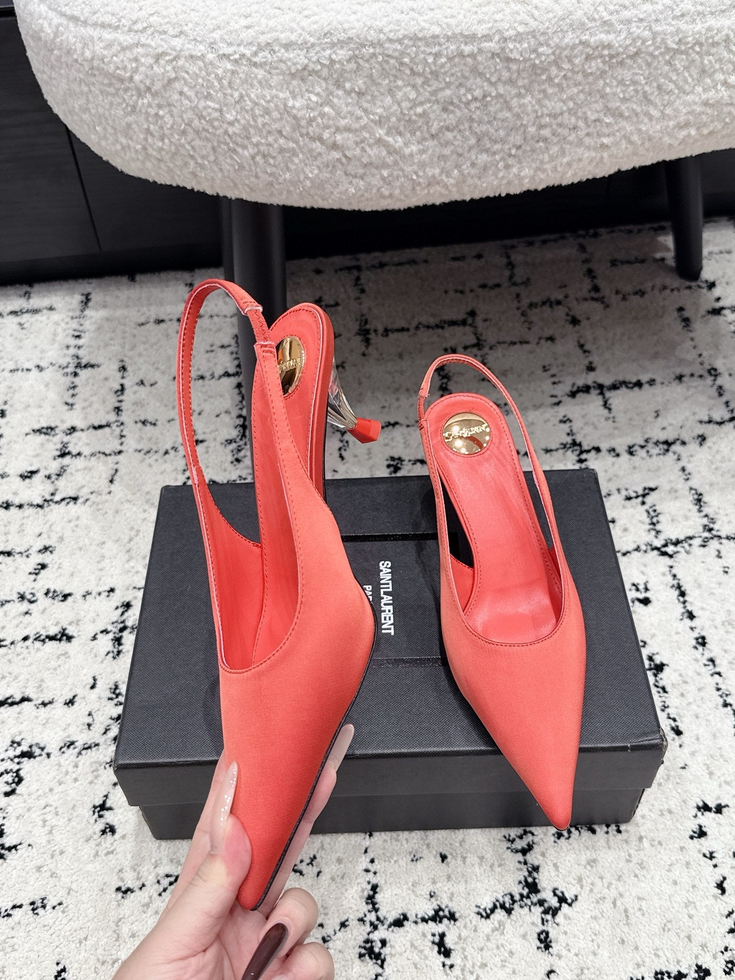 YSL 26S SLINGBACK PUMPS 60 MM IN CORAL ORANGE SATIN