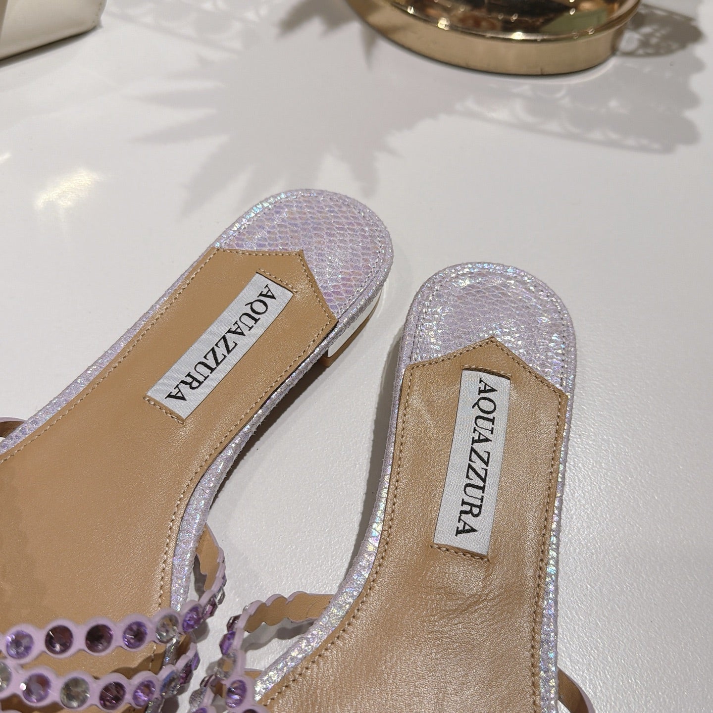 AQUAZZURA 26S SLIDES IN LIGHT PURPLE SNAKESKIN CRYSTAL EMBELLISHED