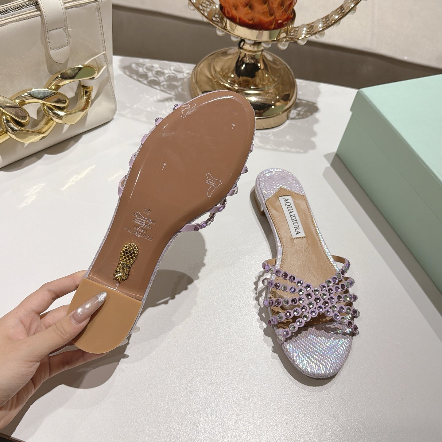 AQUAZZURA 26S SLIDES IN LIGHT PURPLE SNAKESKIN CRYSTAL EMBELLISHED