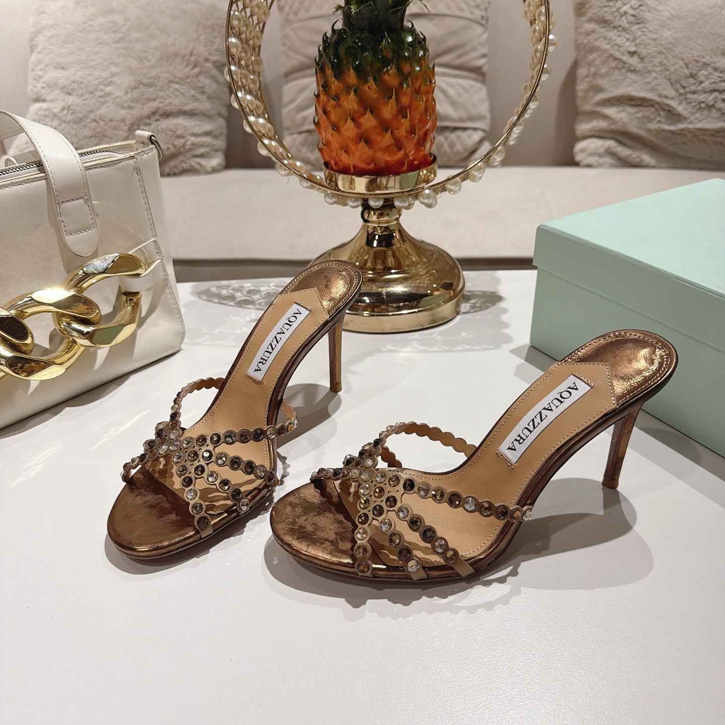 AQUAZZURA 26S HIGH-HEEL SANDALS 85 MM IN METALLIC BRONZE CALFSKIN