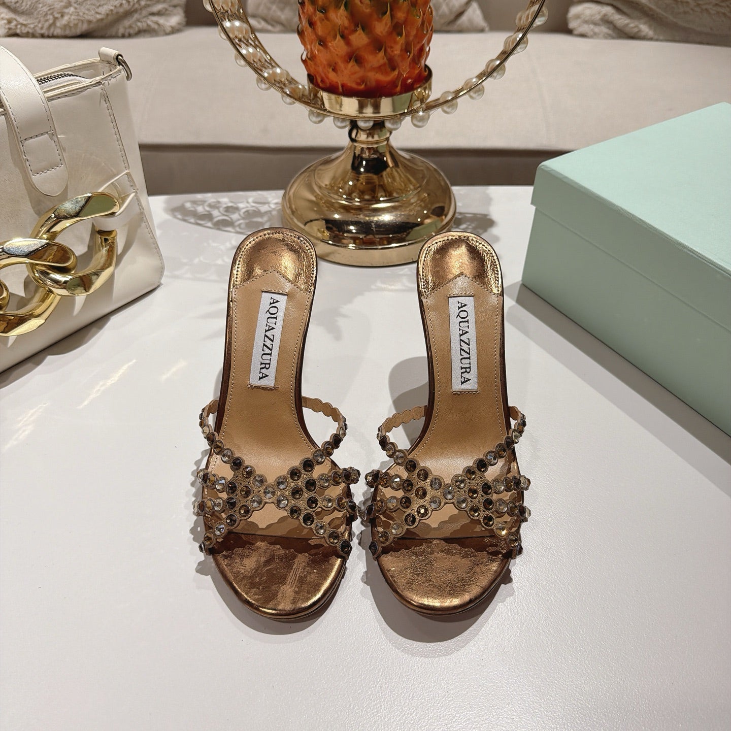 AQUAZZURA 26S HIGH-HEEL SANDALS 85 MM IN METALLIC BRONZE CALFSKIN