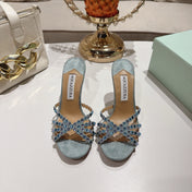 AQUAZZURA 26S HIGH-HEEL SANDALS 85 MM IN DUSTY BLUE SUEDE
