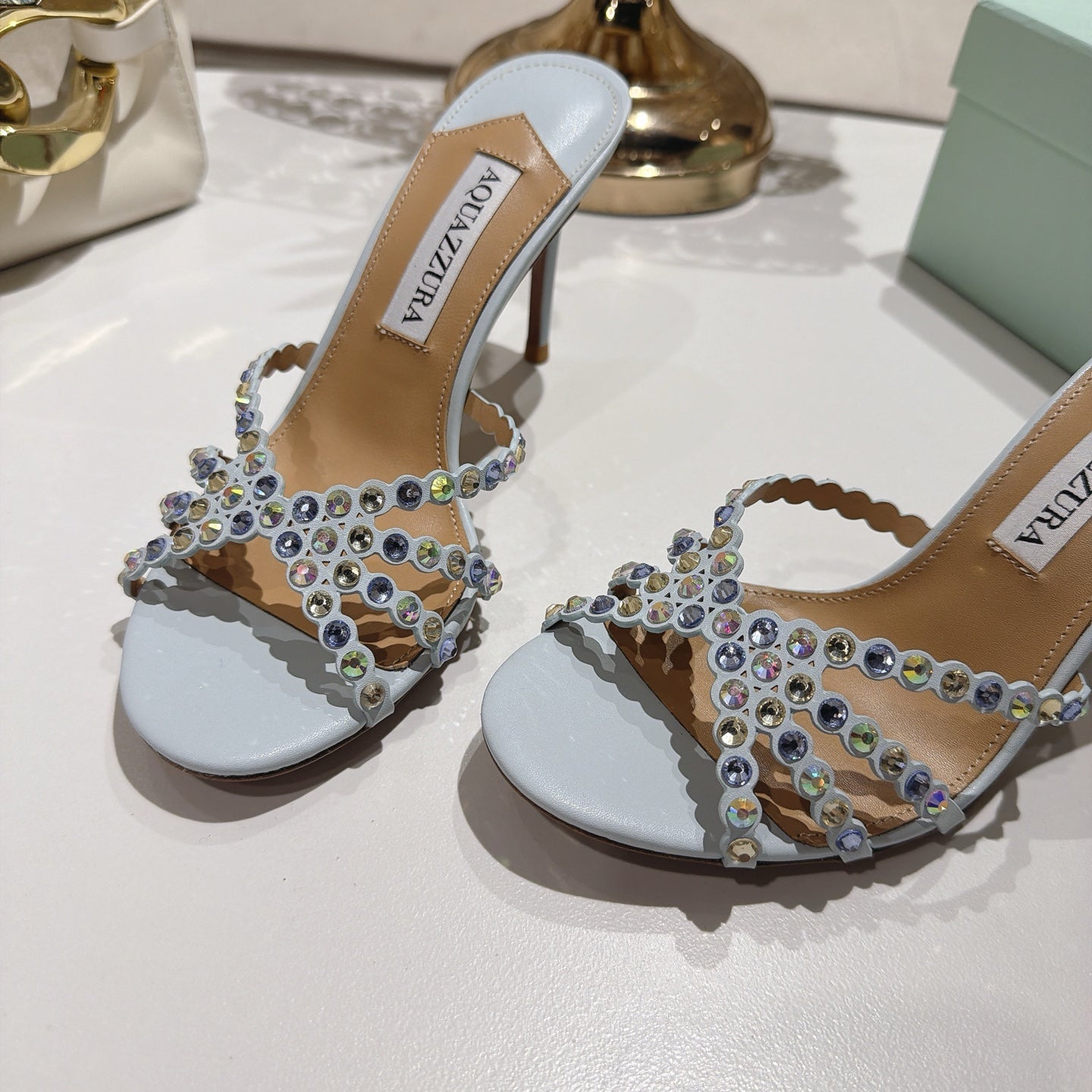 AQUAZZURA 26S HIGH-HEEL SANDALS 85 MM IN POWDER BLUE CALFSKIN