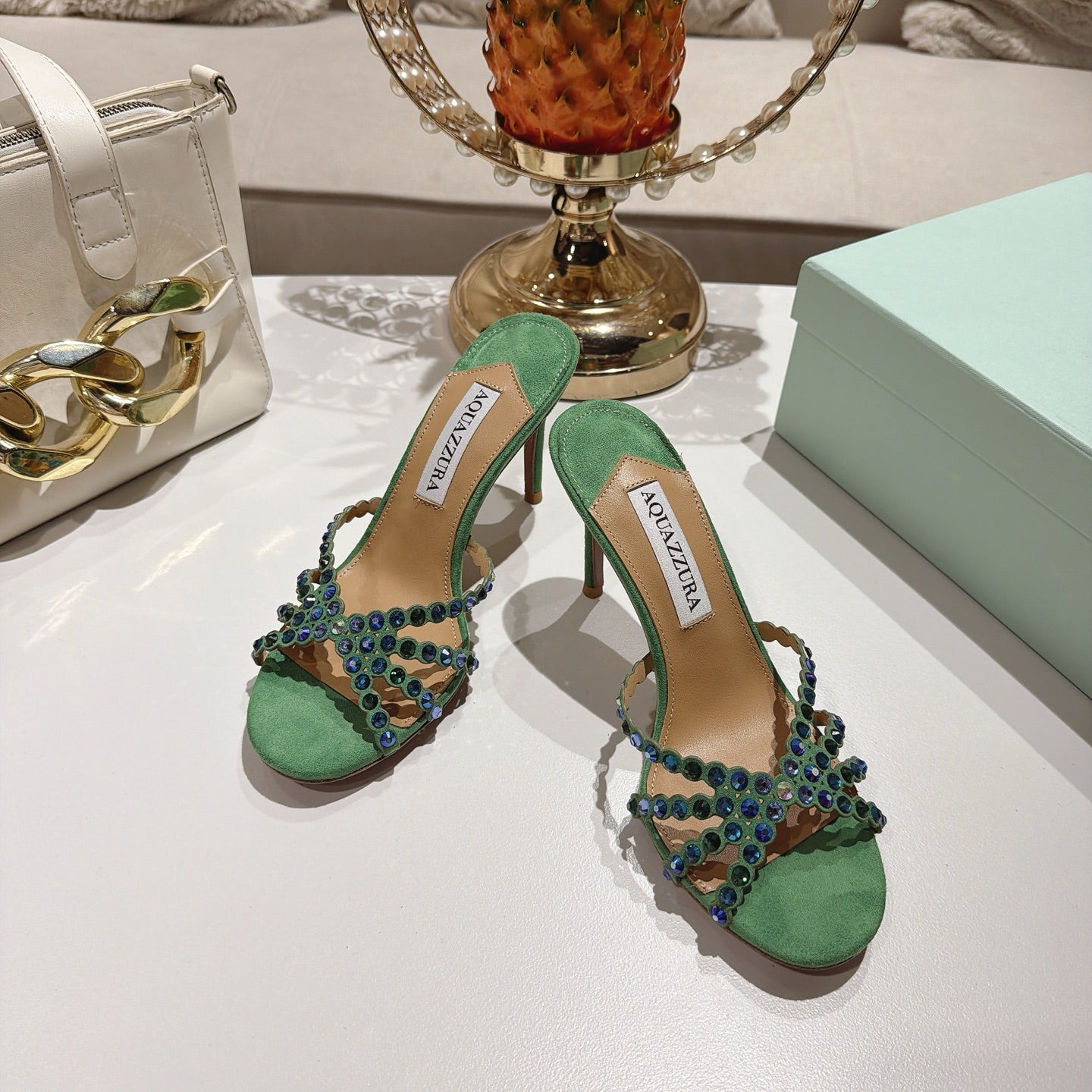 AQUAZZURA 26S HIGH-HEEL SANDALS 85 MM IN GREEN SUEDE