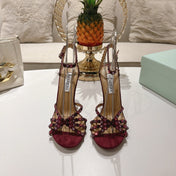 AQUAZZURA 26S HEELED SANDALS 100 MM IN DARK RED SUEDE RHINESTONE EMBELLISHED