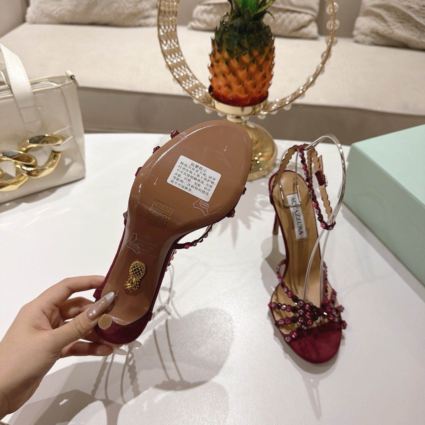AQUAZZURA 26S HEELED SANDALS 100 MM IN DARK RED SUEDE RHINESTONE EMBELLISHED