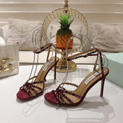 AQUAZZURA 26S HEELED SANDALS 100 MM IN DARK RED SUEDE RHINESTONE EMBELLISHED