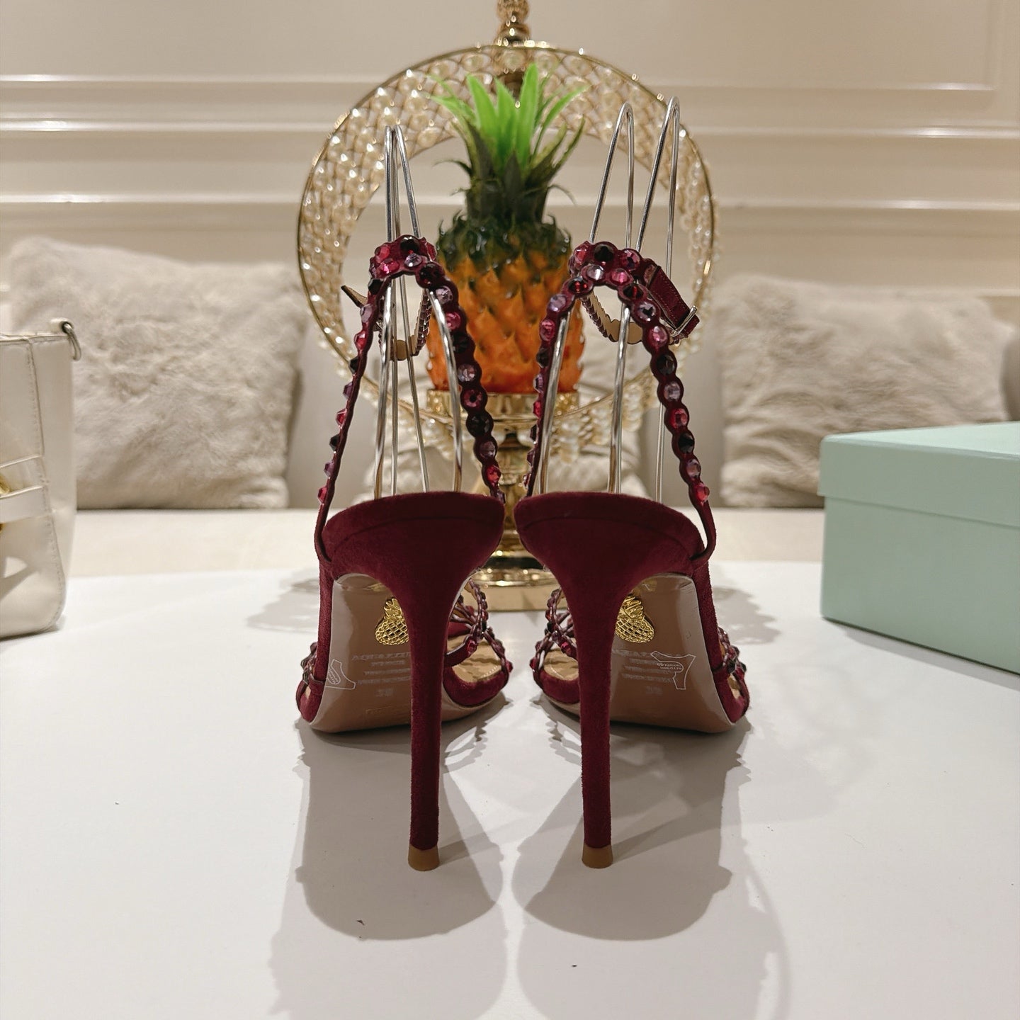 AQUAZZURA 26S HEELED SANDALS 100 MM IN DARK RED SUEDE RHINESTONE EMBELLISHED