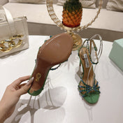 AQUAZZURA 26S HEELED SANDALS 100 MM IN DARK GREEN SUEDE RHINESTONE EMBELLISHED
