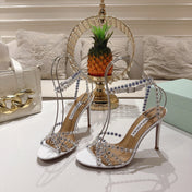 AQUAZZURA 26S HEELED SANDALS 100 MM IN WHITE LAMBSKIN RHINESTONE EMBELLISHED