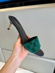 GUCCI 26S SLIDE SANDALS 55 MM IN DARK GREEN VELVET