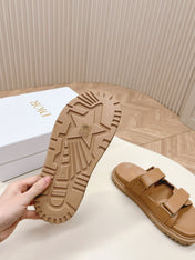 DIOR CLASSIC DOUBLE-STRAP SLIDES 25S IN LIGHT BROWN CALFSKIN
