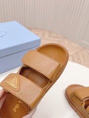Pra Double Strap Slide 20 With Triangle Logo Tan Calfskin