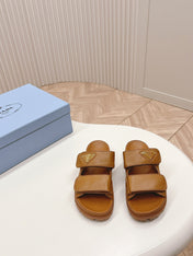 Pra Double Strap Slide 20 With Triangle Logo Tan Calfskin