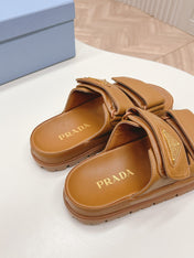 Pra Double Strap Slide 20 With Triangle Logo Tan Calfskin