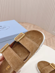 Double Buckle Strap Slides 20 Brown Suede