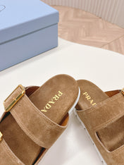 Double Buckle Strap Slides 20 Brown Suede