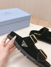 Double Buckle Strap Slides 20 Black Suede
